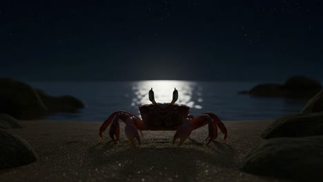 a solitary crab explores the tranquil shoreline at night, illuminated by a serene moonlit ocean, surrounded by gentle waves and distant stars glimmering above