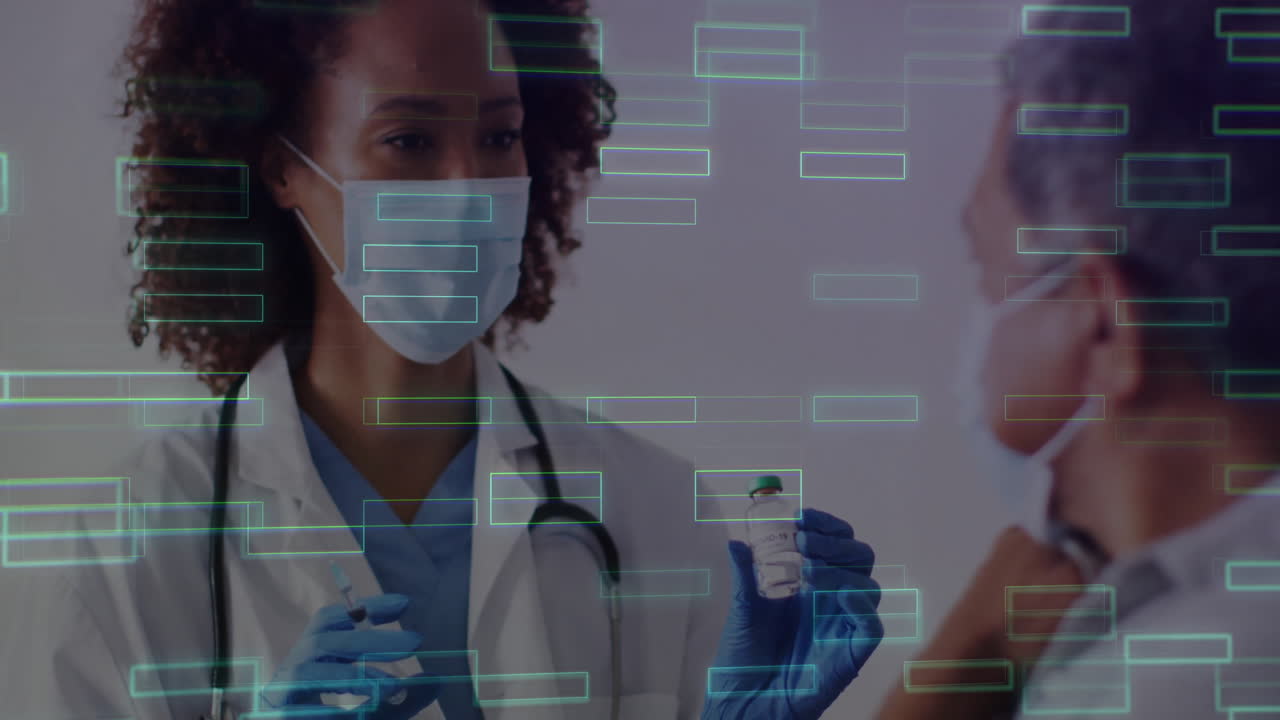 Female doctor preparing COVID-19 vaccine in health clinic, with animated virus icons and data chart