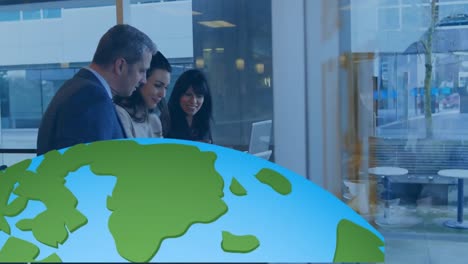 animation of globe over diverse business people in office