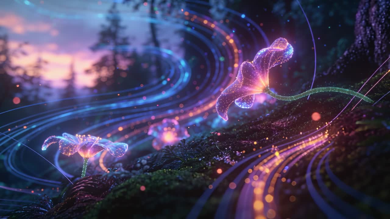 Glowing flowers pulsing and tilting on mossy hillside at dusk, triggered by sweeping light ribbons
