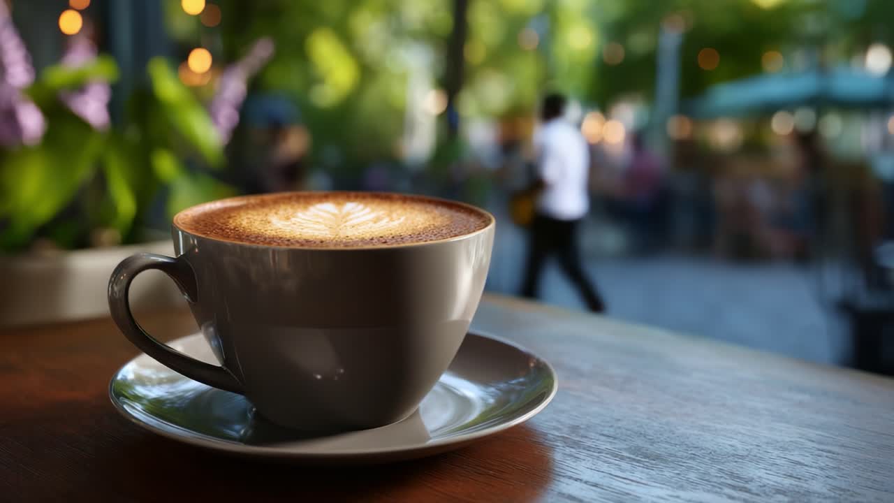 A Cozy Cup of Coffee with Artful Foam in a Lively Outdoor Café Setting, Bathed in Natural Light Amidst Greenery and Subtle Evening Ambiance