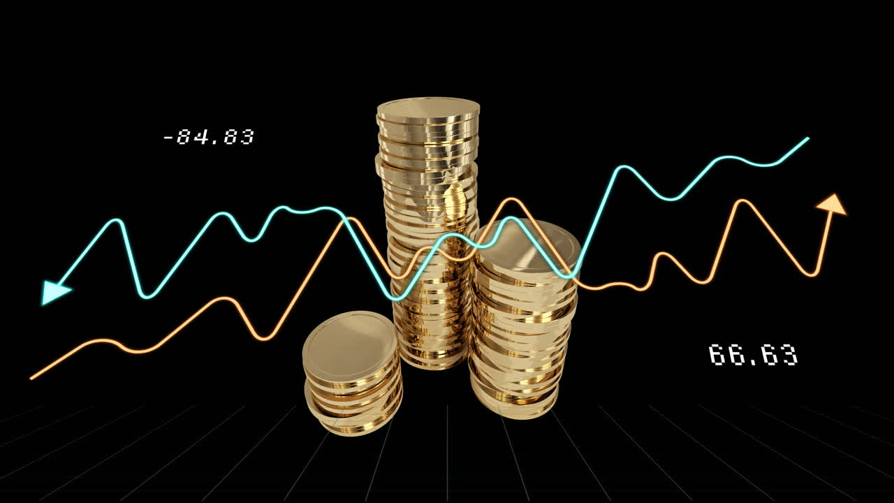 Animation af finansiel databehandling over guldmønter.