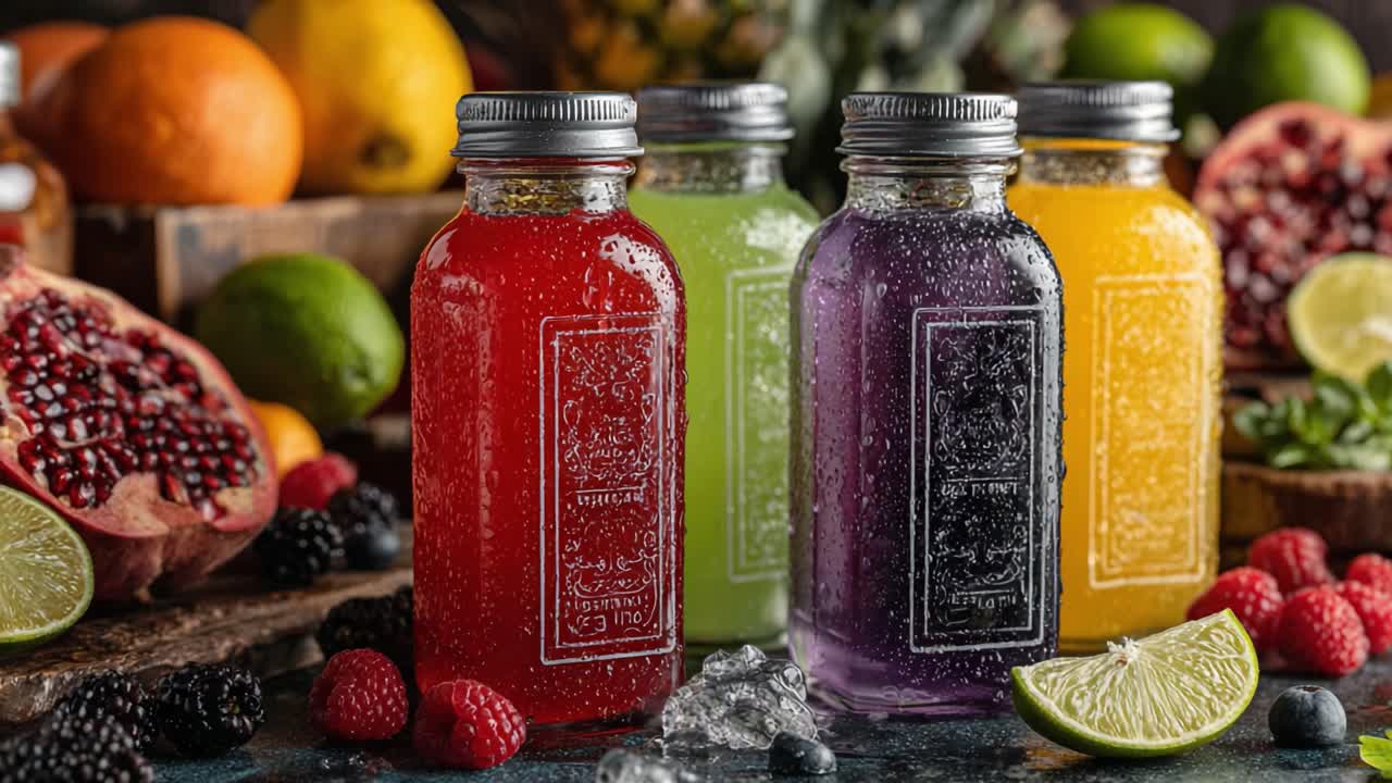 Una vivace esposizione di bevande frizzanti colorate circondate da frutta fresca e frutti di bosco, che cattura l'essenza di sapori e consistenze naturali e rinfrescanti
