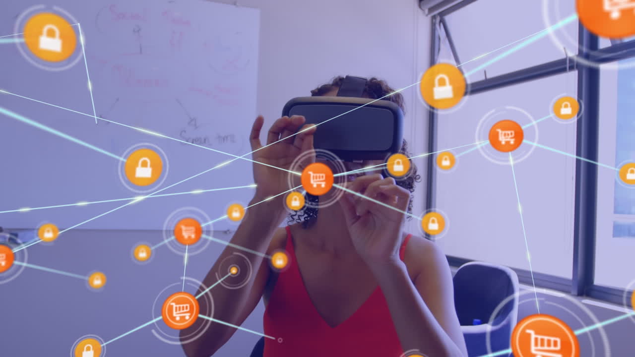 vr 헤드 ⁇ 을 사용하는 이중 인종 사업가 여성에 대한 아이콘과 연결 네트워크의 애니메이션