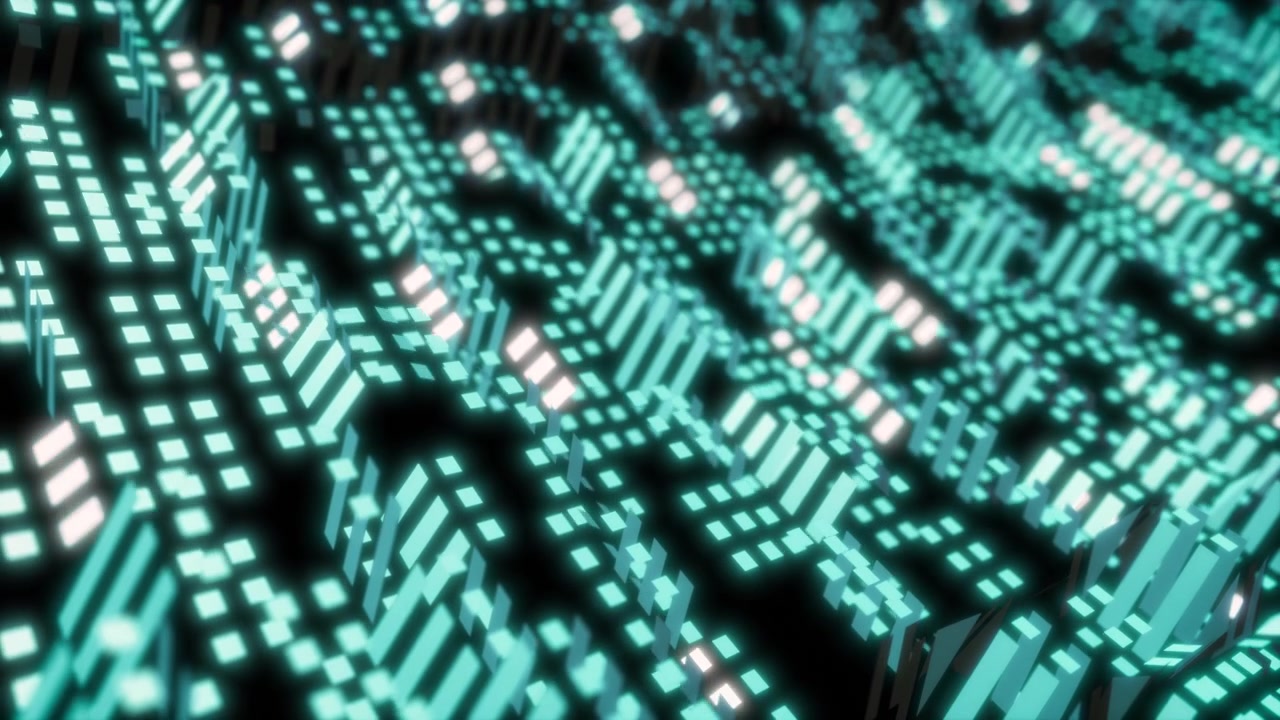 Perfect infinite loop of a teal 3D grid landscape slowly rising and falling like waves. Glowing white rectangles resemble city streets, creating a futuristic high-tech atmosphere for technology, data