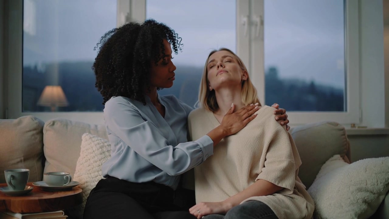 Leaning in, left woman guiding neck, applying pressure for relief on sofa at home, with teacups