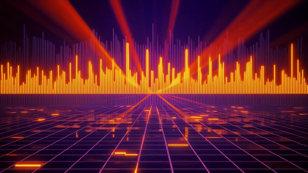 Retro Synthwave Style Audio Spectrum Visualizer with Glowing Grid