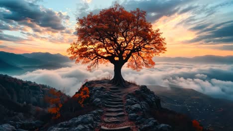 un árbol solitario en la cima de una montaña con escaleras que llevan a él