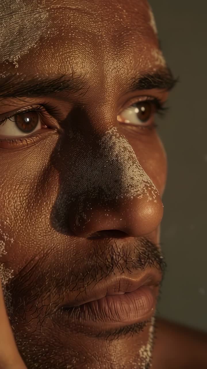 Vertical video: Lifting left hand from cheek man holding gaze in studio, nose scrub, bare shoulders
