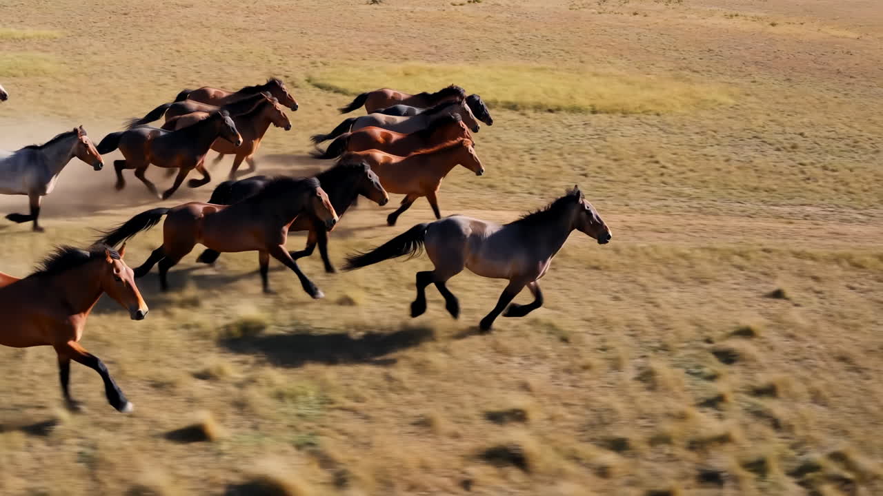 Vilde heste galoperer over prærien, ledende hingst i front hvirvler støv op, mens flokken tordner frem