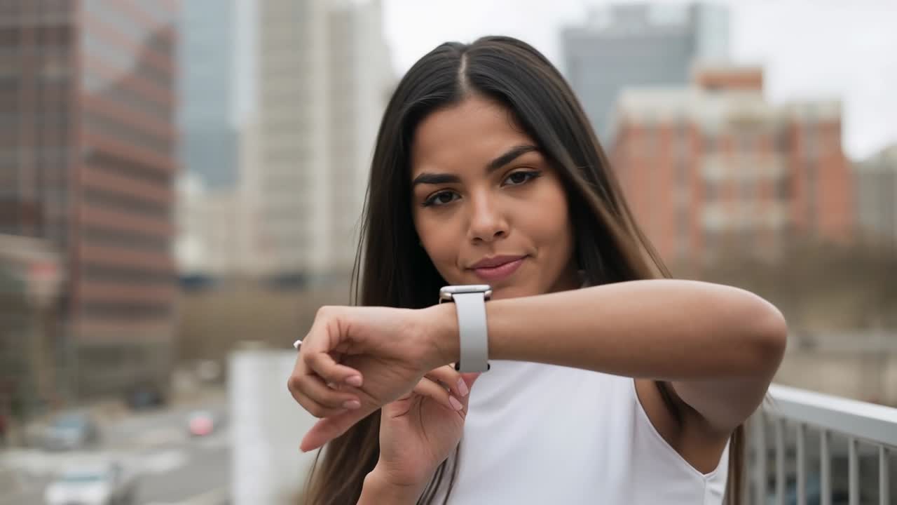 Con il braccio sinistro alzato, una donna con top bianco controlla lo smartwatch su un ponte, sorridendo con lo skyline sullo sfondo.