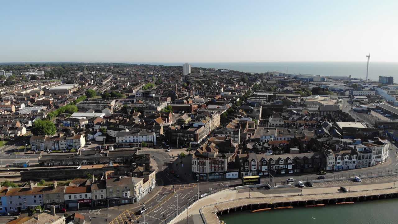 Reveal drone shot of Lowestoft Town in Suffolk, UK. 21.06.25