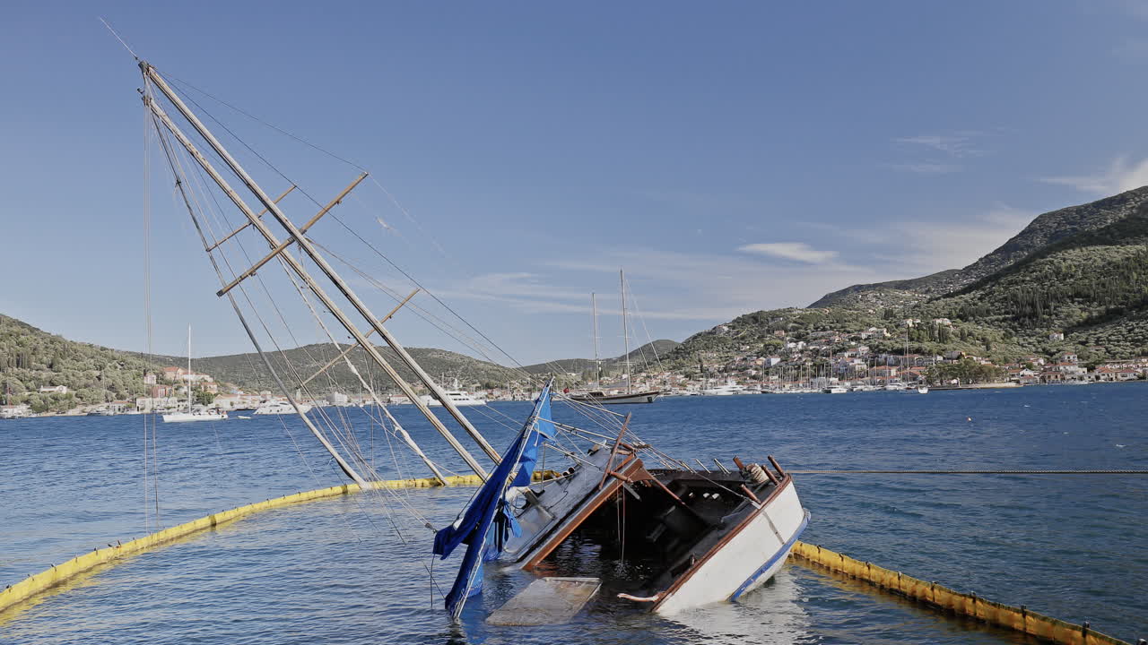 Yacht affondato sulla costa rocciosa a Itaca, Grecia