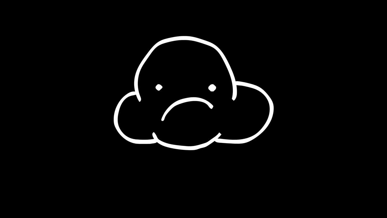 불행한 구름이 비를 내리고 화가 난다. 프레임별 프레임 애니메이션. 알파 채널