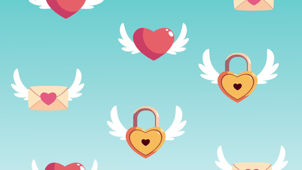 행복한 발렌타인 데이 카드와 함께 설정된 사랑 아이콘이 날아갑니다.