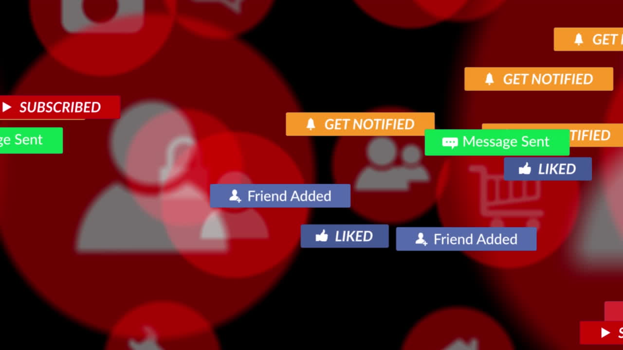 검은 바탕에 디지털 아이콘이 있는 배너에 있는 소셜 미디어 텍스트의 애니메이션