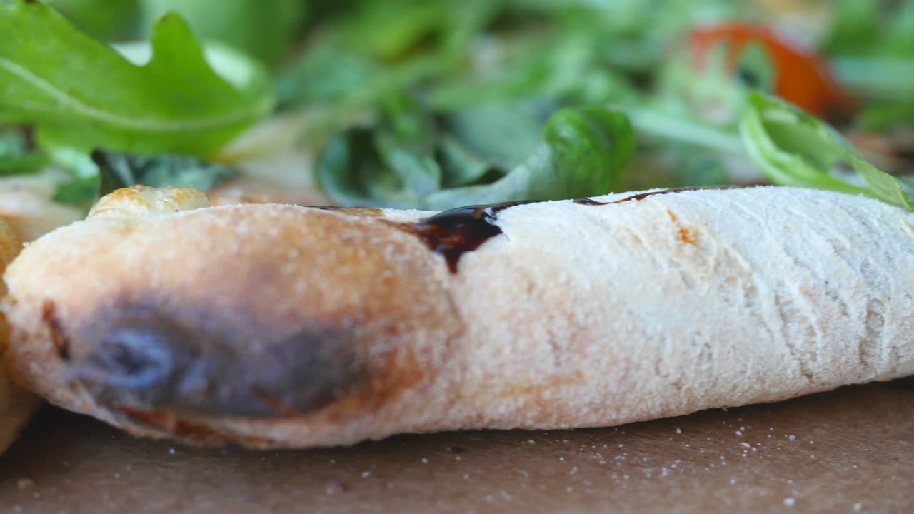 Closeup view of rotating delicious vegetarian pizza