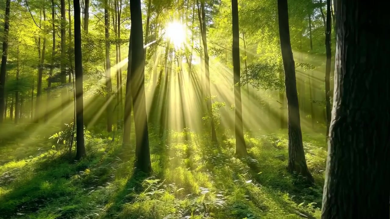 A luz do sol atravessando as árvores numa floresta exuberante