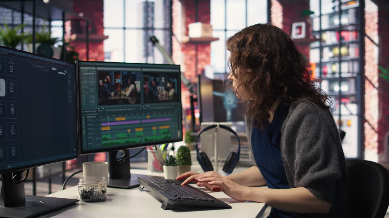 Woman video creator working on editing a movie montage project