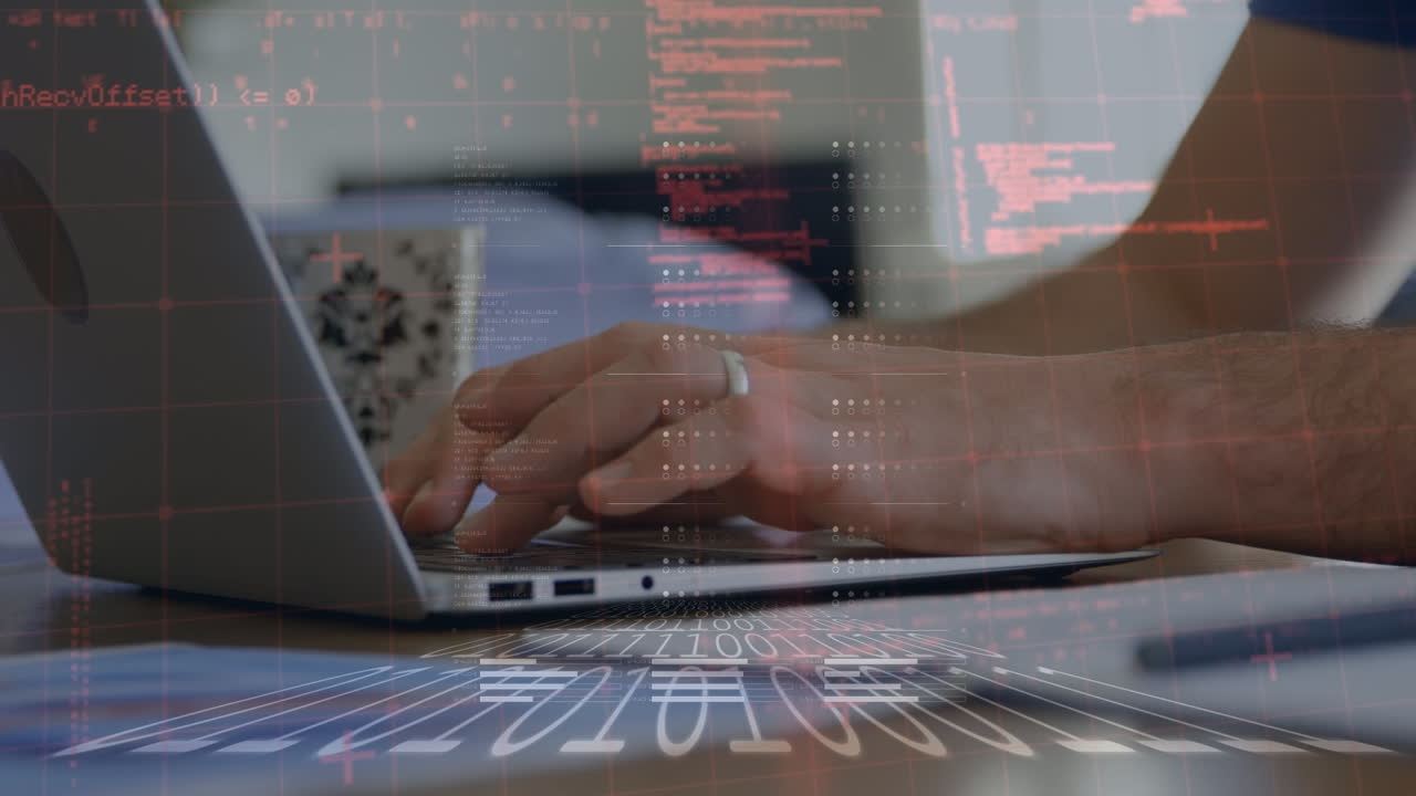 animación del procesamiento de datos sobre una persona que utiliza una computadora portátil