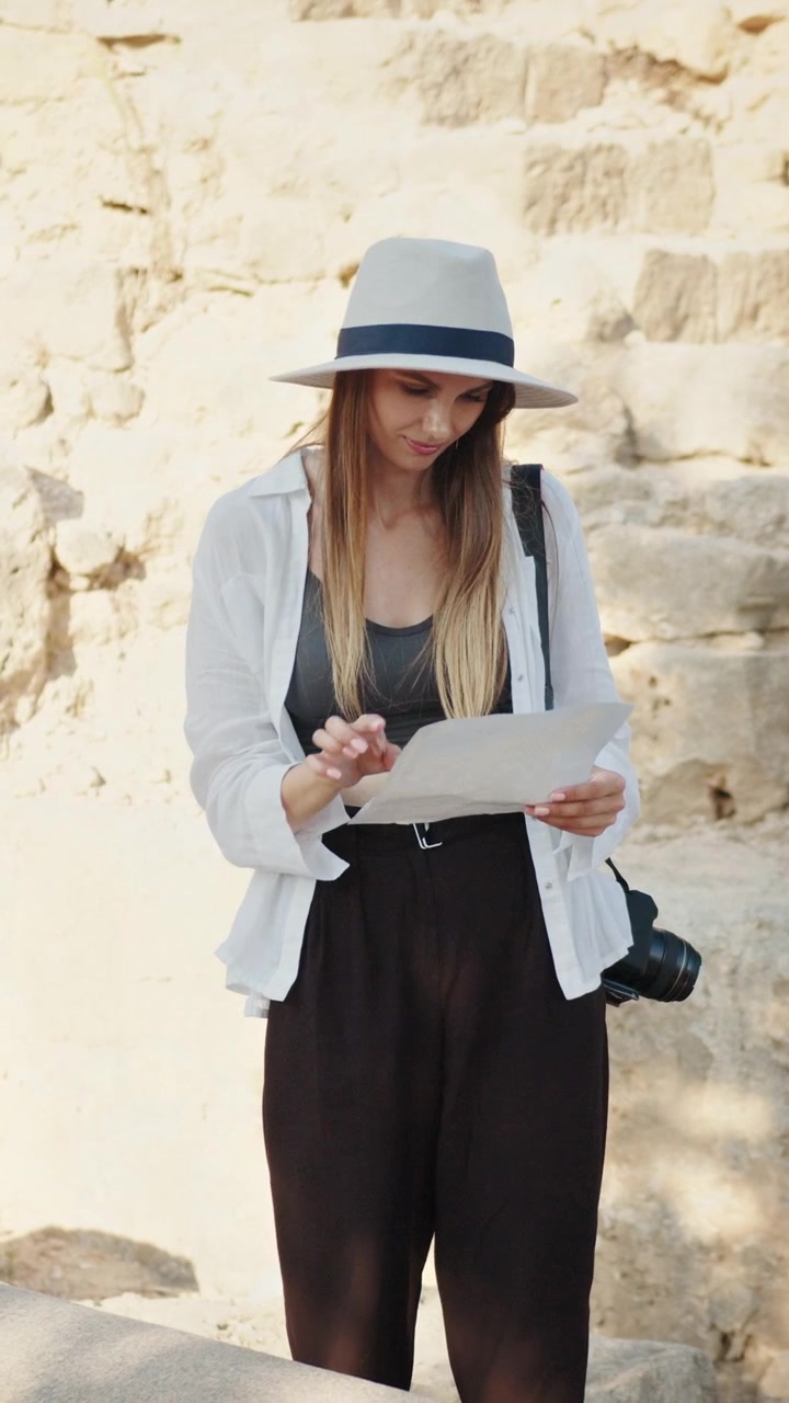A woman in a white hat and shirt reading a map outdoors holding a camera vertical video