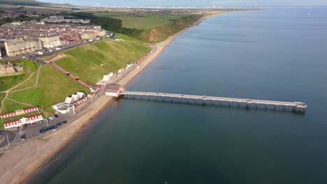 aerial drone view of saltburn-by-the-sea, saltburn pier and ocean in cleveland, north yorkshire in summer, early morning