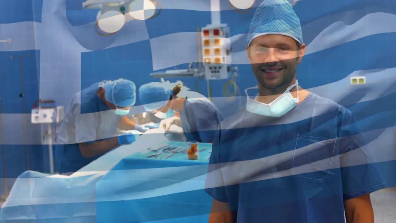 수술실 에 있는 외과 의사 들 위 에 그리스 국기 가 흔들리는 애니메이션