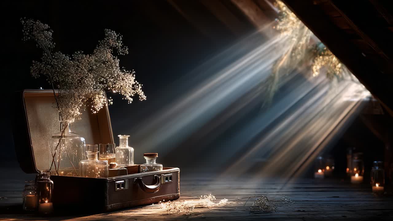 Una scena in soffitta splendidamente illuminata con una valigia vintage piena di squisiti oggetti in vetro, circondata da una luce eterea soffusa e delicati accenti floreali, che crea un'atmosfera di pace, nostalgia e serenità