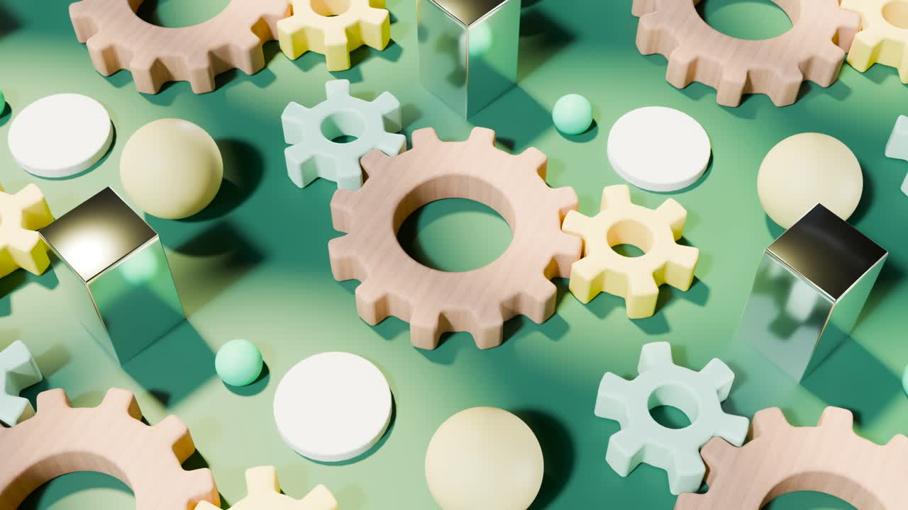 3D animation of colorful cogwheels rotating in loop