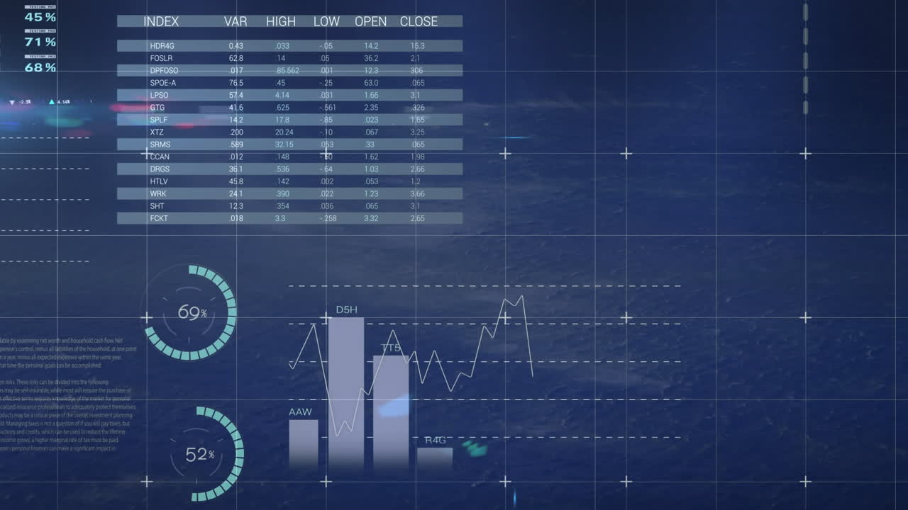 Animation of financial data processing on black background