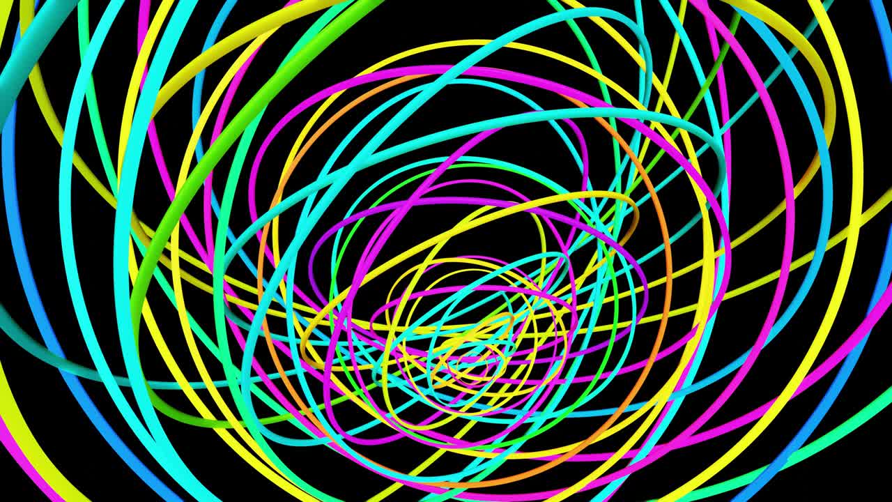 abstract geometric looped bg with rings form complex twisted spiral and light effects. Rings flash neon multicolor lights. Neon ring bulbs for show or events, festivals or concerts, vj night clubs.