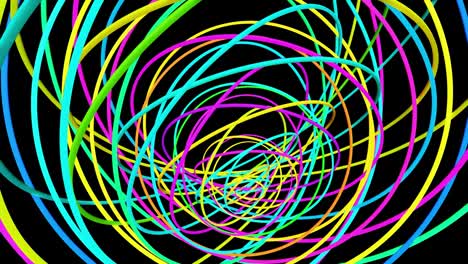 abstract geometric looped bg con anillos forman complejas espirales retorcidas y efectos de luz. los anillos parpadean luces de neón multicolor. bombillas de anillo de neón para espectáculos o eventos, festivales o conciertos, clubes nocturnos vj.
