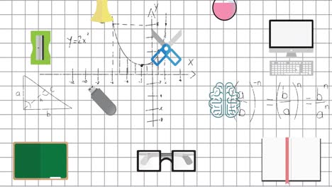 animación de iconos de conceptos escolares en un patrón sin costuras contra ecuaciones matemáticas.