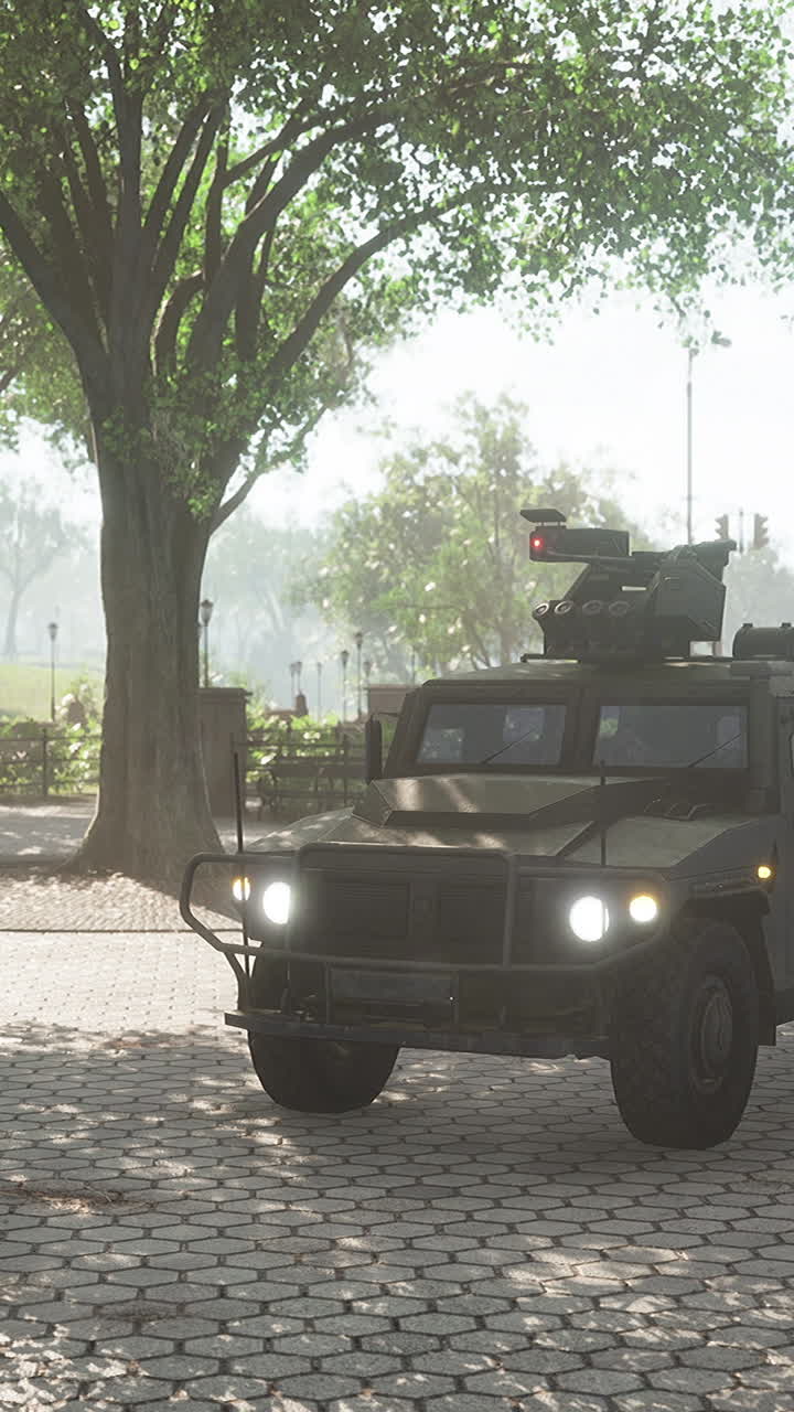 Armored military car in big city