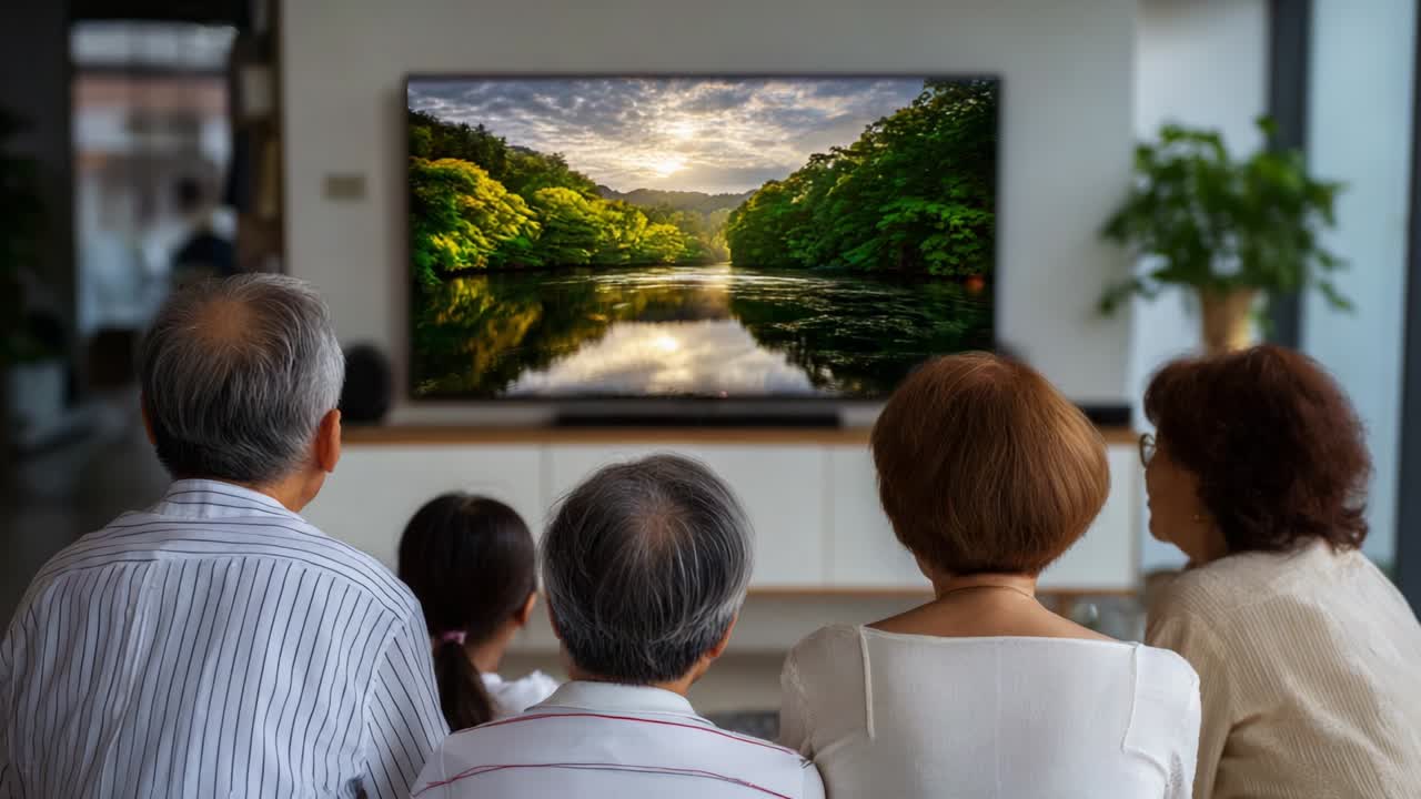 A serene family moment captured as generations gather around a television, sharing the beauty of a natural landscape reflected in calm waters, highlighting the importance of togetherness and bonding