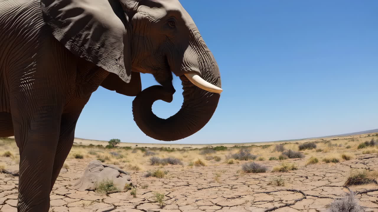 Elephant in a Dry, Cracked Desert Landscape