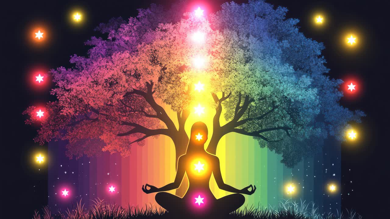 Silhouette of a person meditating under a rainbow-colored tree