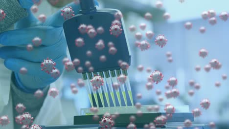 animación de células covid con las manos de un científico probando con equipos en el laboratorio