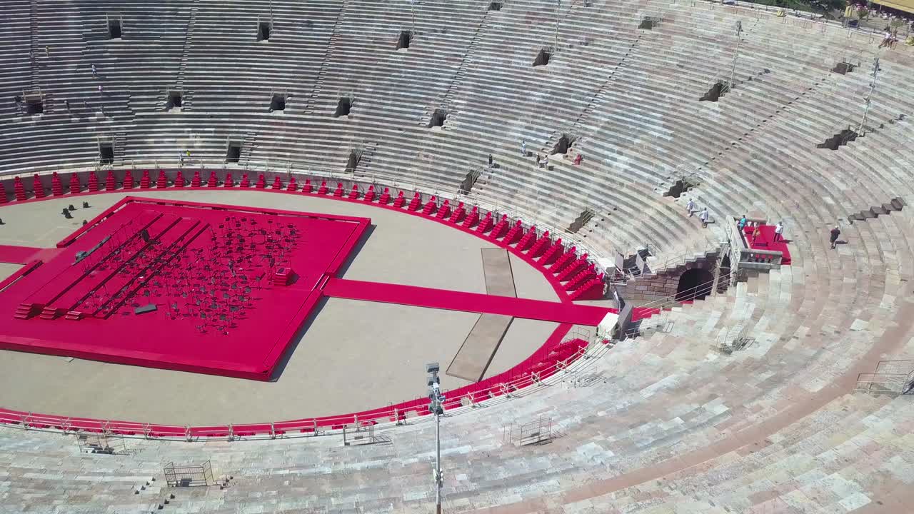 Aerial panoramic view of Arena di Verona, Italy. The drone flies over the Arena and the scene inside it. A view of the Arena and the city opens. 4k vieo.