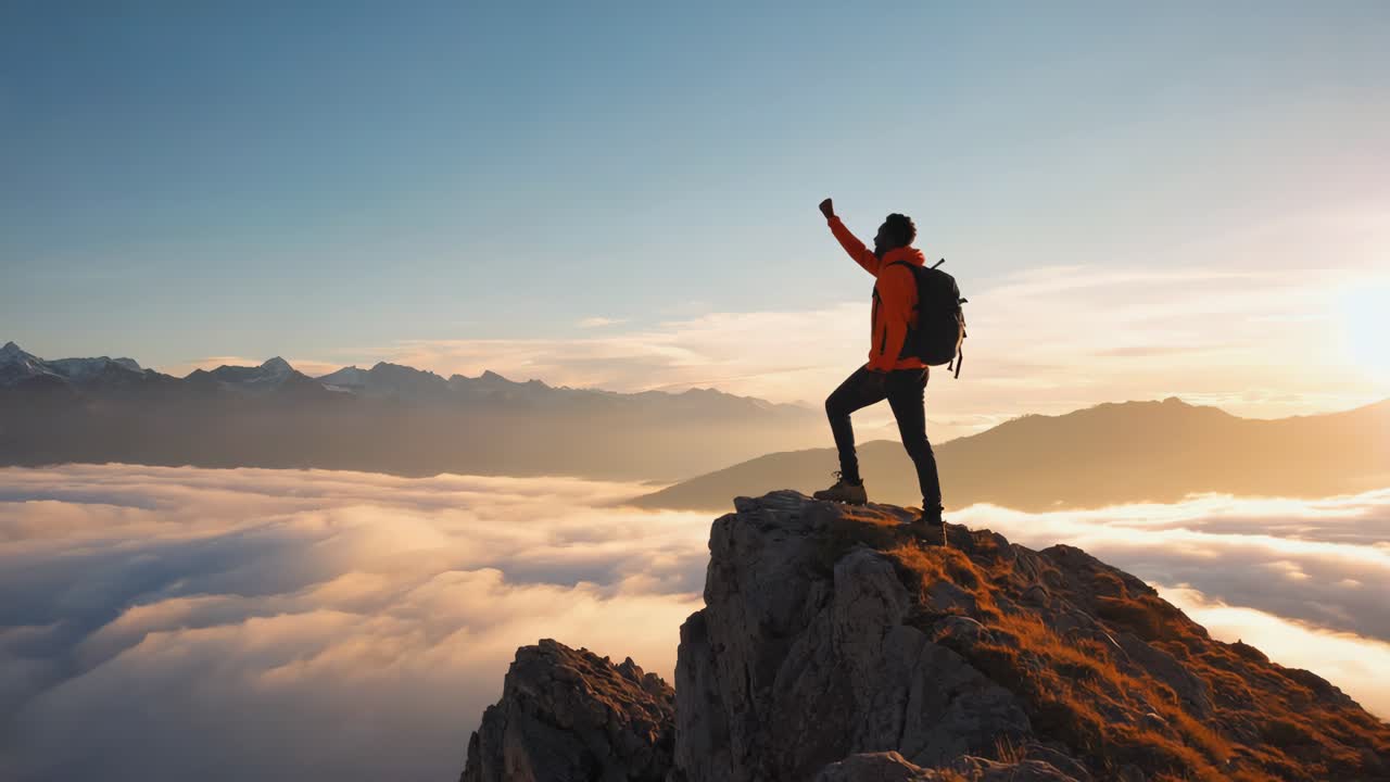 Hiker on a mountain peak celebrating success at sunrise