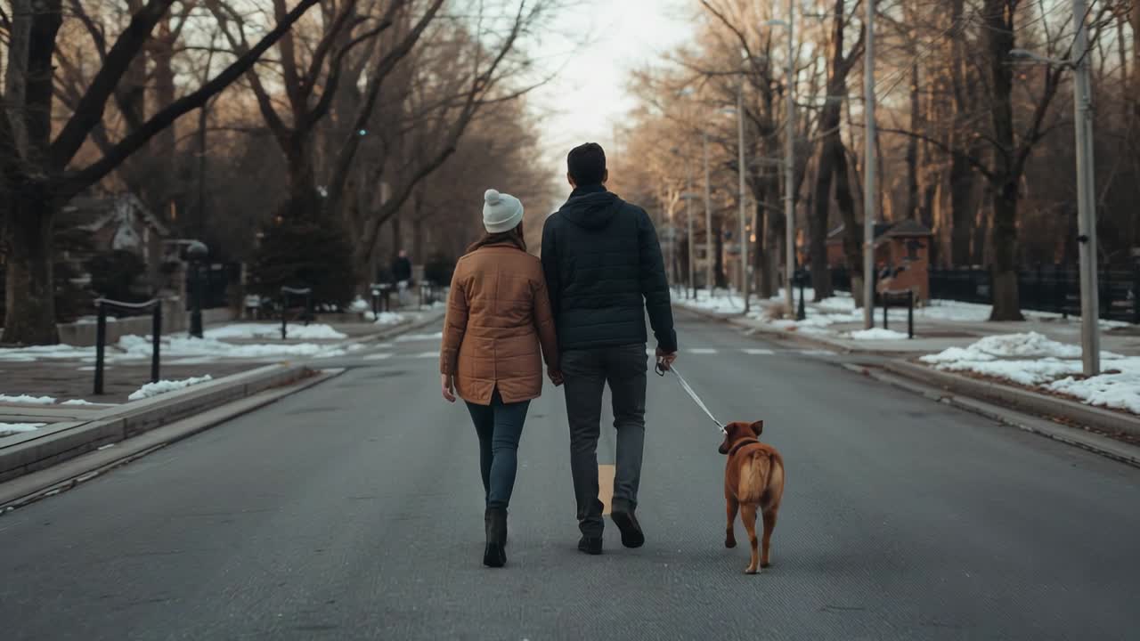 Ett par som promenerar i jackor tar en vinterpromenad längs gatan, mannen håller ett hundkoppel, kvinnan har en mössa