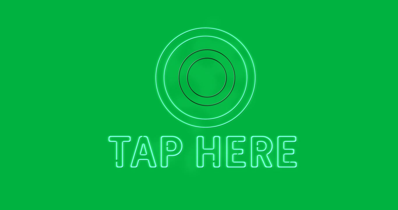 On play TAP HERE emitting green blob rising to fill ringed target, forming CTA transparent canvas