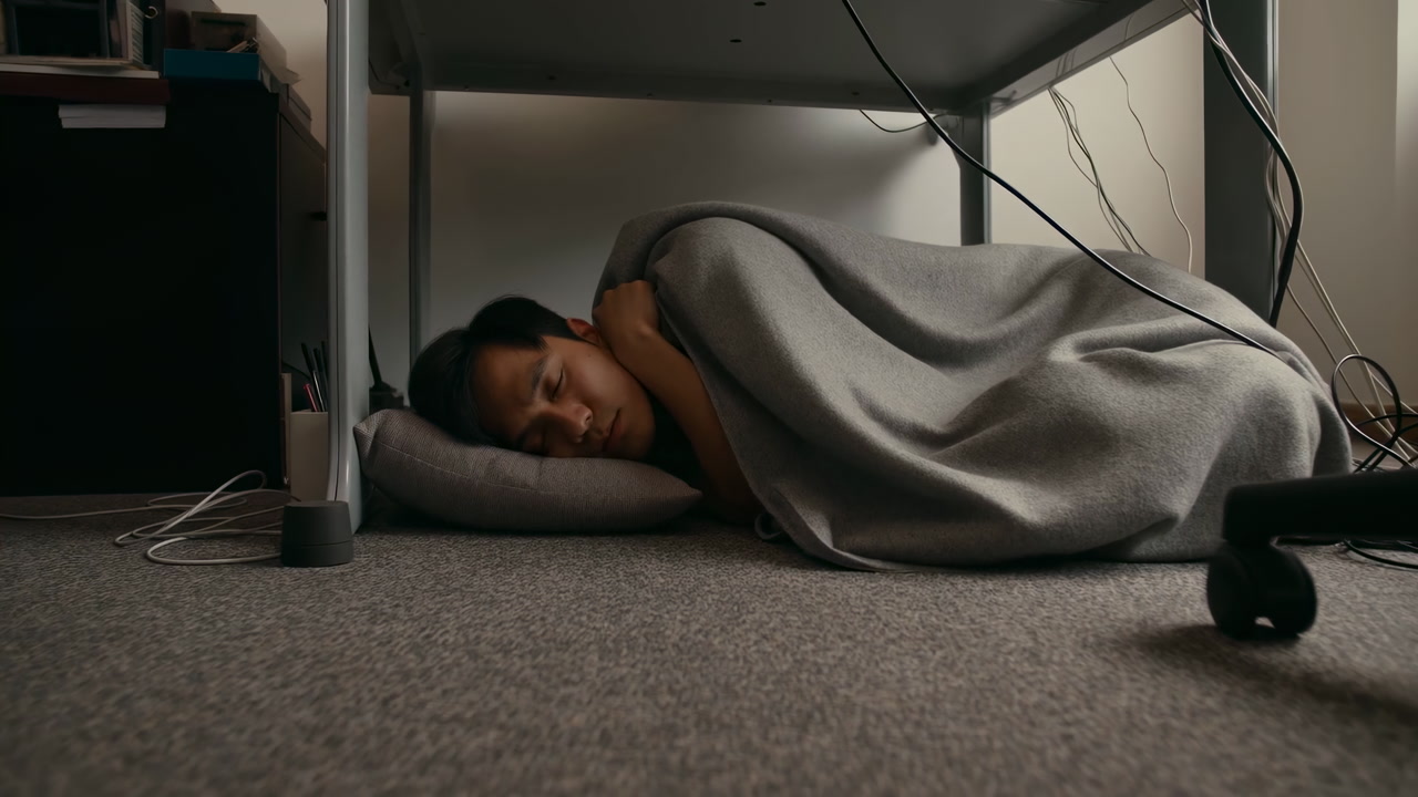 Person Sleeping Under Desk Wrapped Blanket, Exhausted Office Worker Seeking Shelter Beneath Workstation In Dim