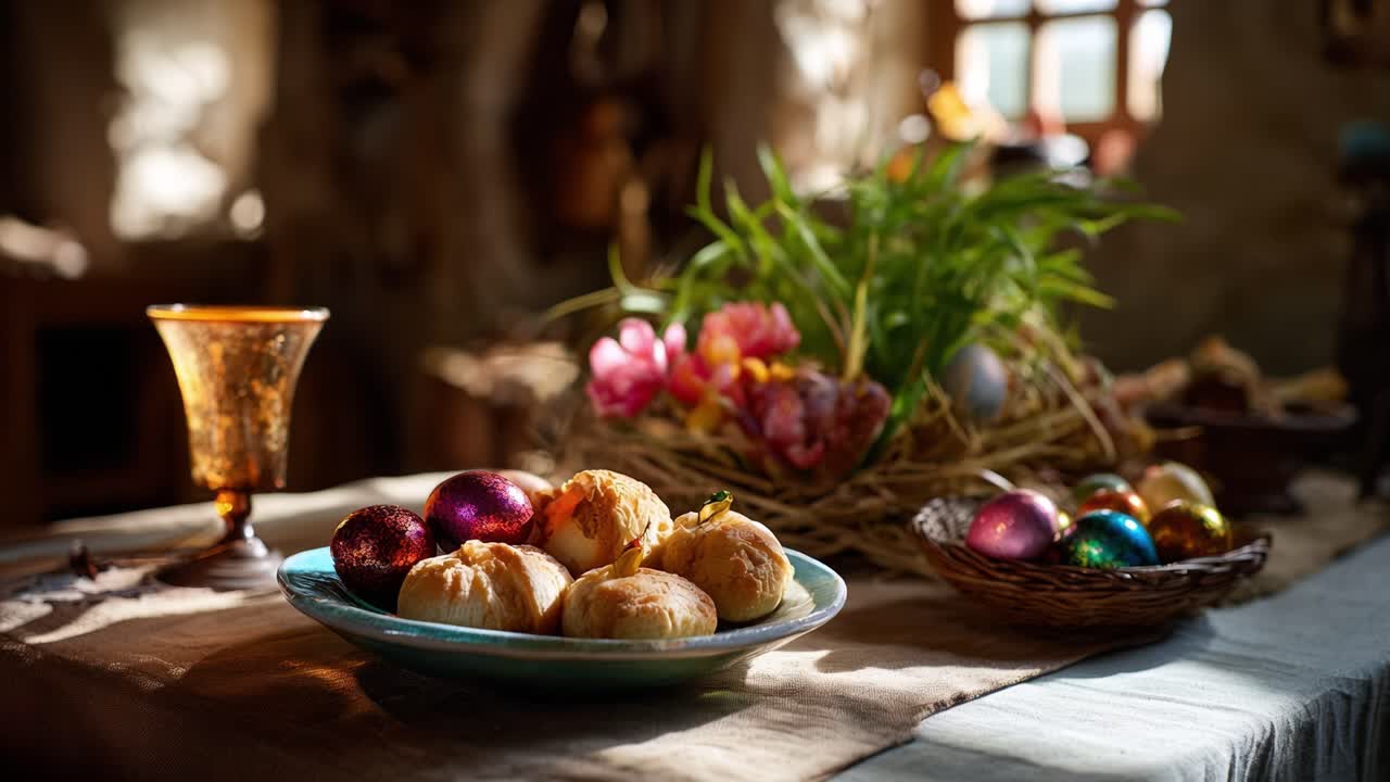 A Beautifully Set Table Displaying Festive Treats, Colorful Eggs, and Lush Spring Blossoms in a Cozy Interior Setting with Warm Natural Light