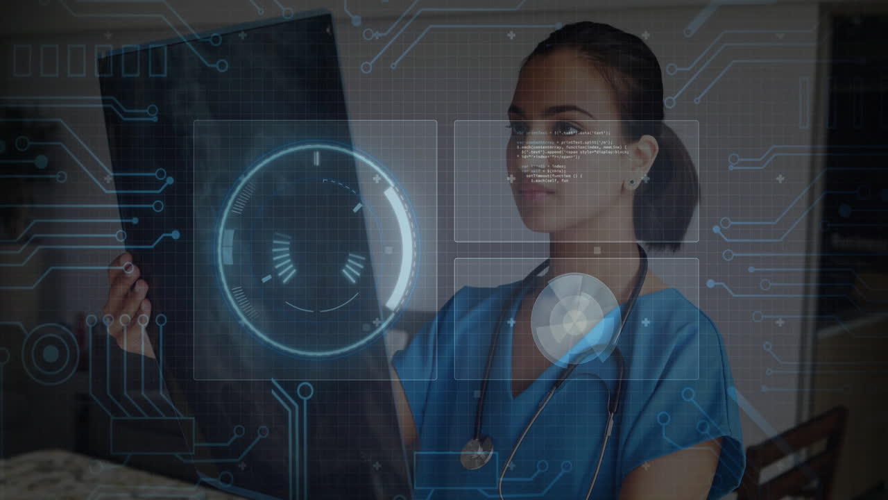 Female doctor with stethoscope holding radiograph overlaying circuit patterns, circular data charts