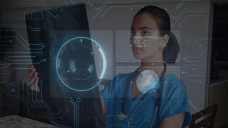 female doctor with stethoscope holding radiograph overlaying circuit patterns, circular data charts