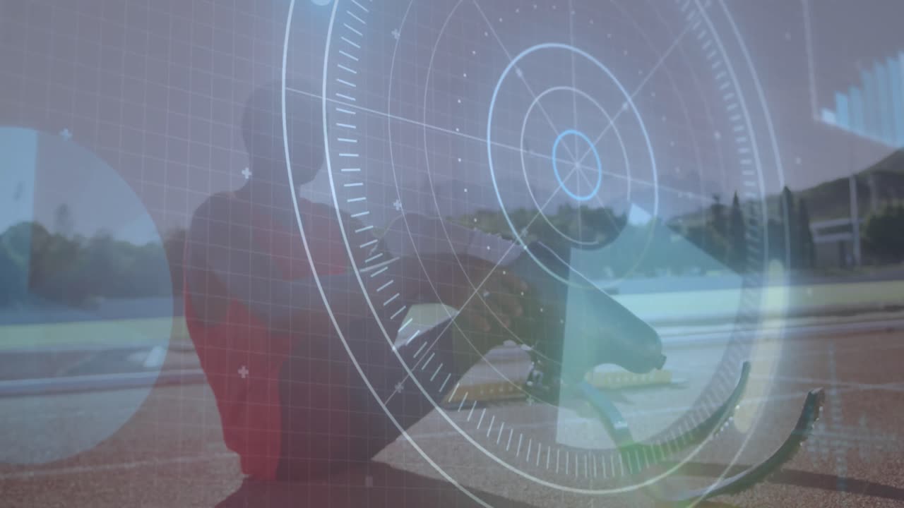 animación del procesamiento de datos sobre un atleta masculino discapacitado con cuchillas de correr en la pista de carreras