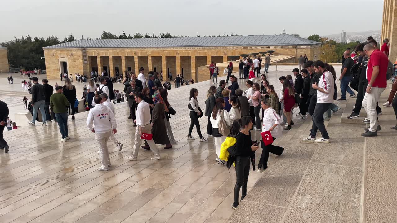Turkey,Ankara, Ataturk's Mauseloum on a cloudy day. People are visiting the founder of Turkiye's Mauseloum,footage is from the mauseloum towards to the entrance of the monument.