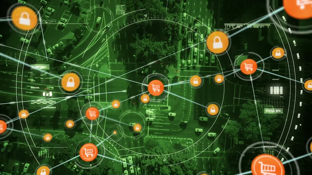 animación de la red de conexiones y escaneo de alcance sobre el paisaje urbano