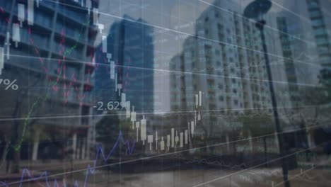 animación del procesamiento de datos financieros y bursátiles contra edificios altos.